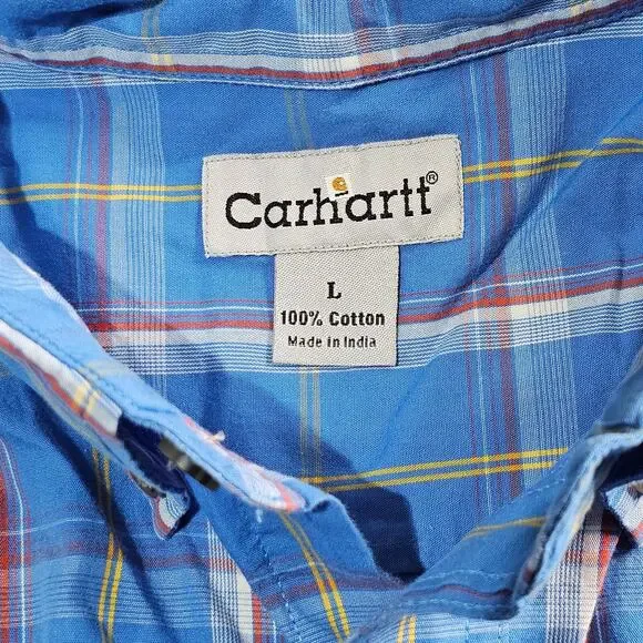 Carhartt Shirt Men's L Blue Plaid Short Sleeve Button Down‎ Pockets Casual Light - Picture 6 of 8